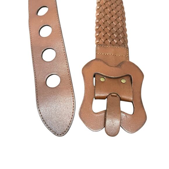 Wide Brown Leather Braided Belt Wide Chunky Buckle Structured - Women's Size S/M - Picture 6 of 8